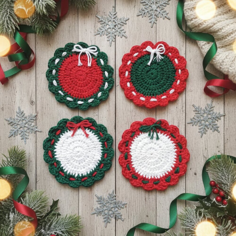 Hand-Crocheted Christmas Classic Wreath Coaster Set  NEW